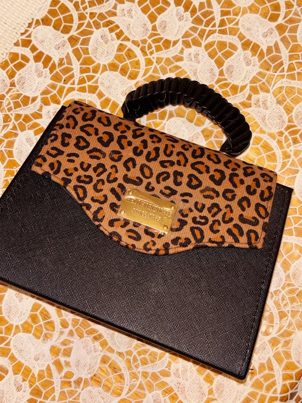 Leopard Accent Black Top-Handle Women's Satchel